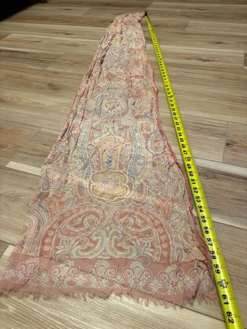 Vintage Paisley Print Lightweight silk Scarf Coral Pink Peach Fringe Edges